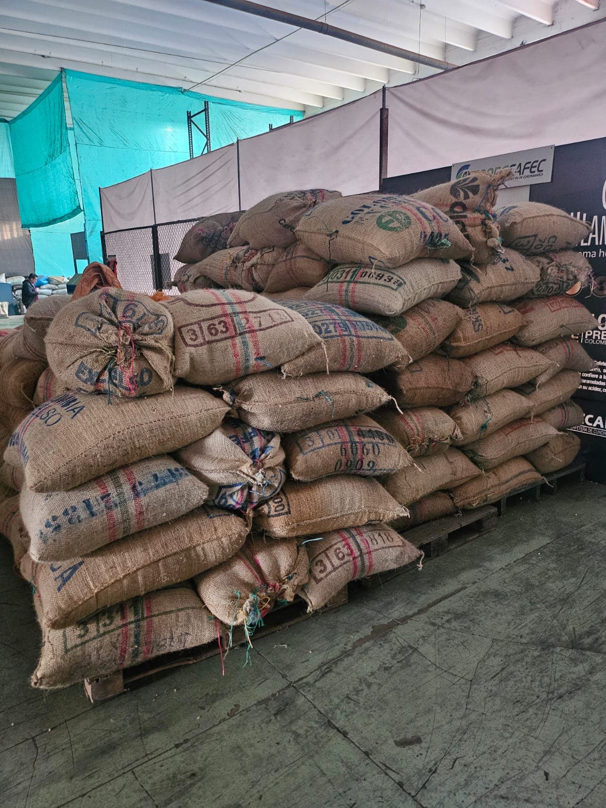 Sacos Excelso Colombia apilados para despacho